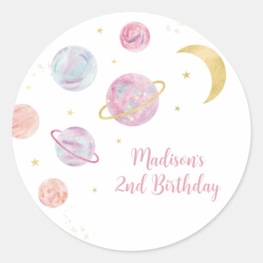 Roze Pastel Twee de Maan Ruimte Verjaardagsgunst Ronde Sticker (Voorkant)