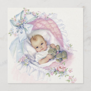 Roze Pastel Vintage Meisje Baby Shower Kaart