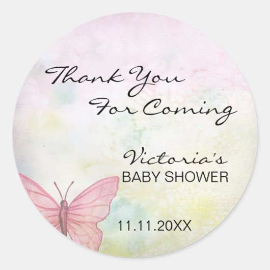 Roze Pastel Vlinder Dank u Baby shower Ronde Sticker (Voorkant)