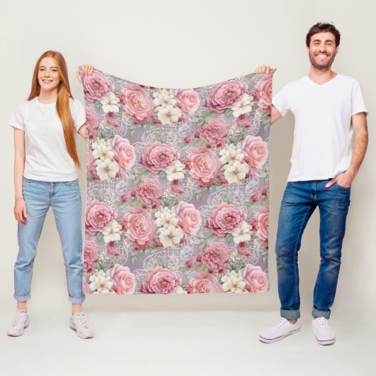  Roze Pastel Waterverf Bloemen & Kant Fleece Deken (In situ)