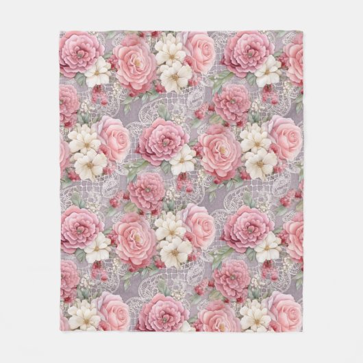  Roze Pastel Waterverf Bloemen & Kant Fleece Deken (Voorkant)