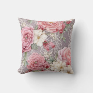 Roze Pastel Waterverf Bloemen & Kant Kussen