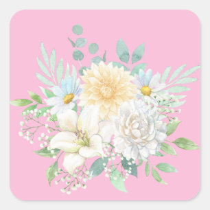 Roze Pastel Waterverf Bloemen Vierkante Sticker