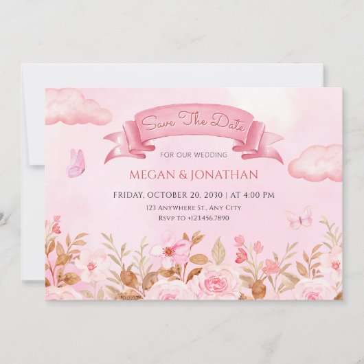 Roze pastel waterverf bloementuin bruiloft save the date (Voorkant)