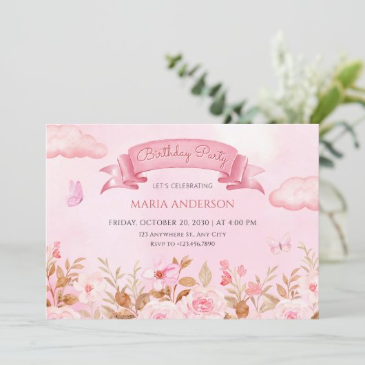 Roze pastel waterverf bloemetuin  kaart (Staand voorkant)