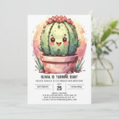 Roze Pastel Waterverf Cactus Meisje Verjaardag Kaart (Staand voorkant)