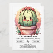 Roze Pastel Waterverf Cactus Meisje Verjaardag Kaart (Voorkant / Achterkant)