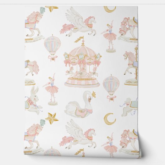 Roze Pastel Waterverf Carrousel Vrolijk rond Behang (Afrollen)