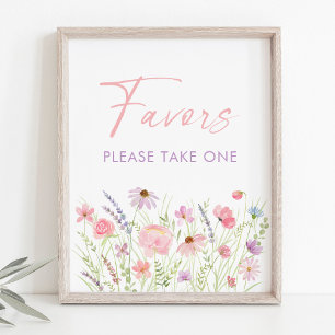 Roze Pastel Wildflower Baby shower Favor Sign Poster