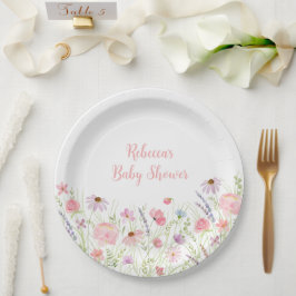 Roze Pastel Wildflower Baby shower Papieren Bordje