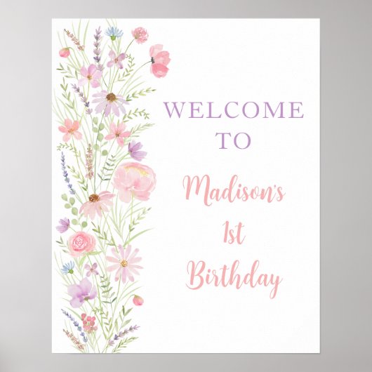 Roze Pastel Wildflower Baby shower Welkom Poster (Voorkant)