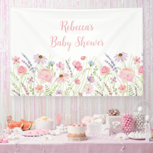 Roze Pastel Wildflower Meadow Baby shower Spandoek (Feest)