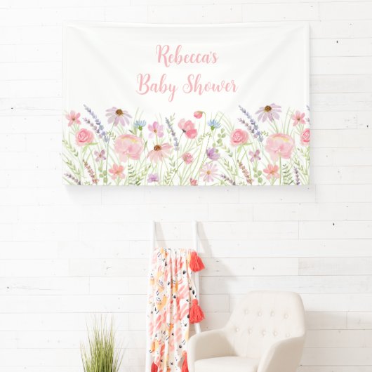 Roze Pastel Wildflower Meadow Baby shower Spandoek (Insitu)