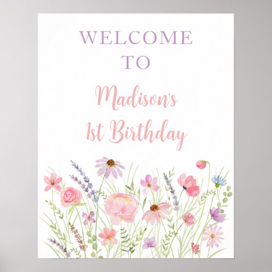 Roze Pastel Wildflower Meadow Baby shower Welkom Poster (Voorkant)