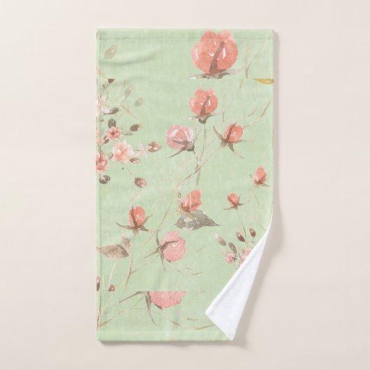 Roze pastelbloemen op zachte salie groene achtergr bad handdoek (Handdoek)