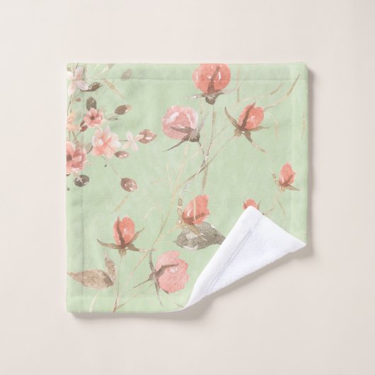 Roze pastelbloemen op zachte salie groene achtergr bad handdoek (Wasdoekje)