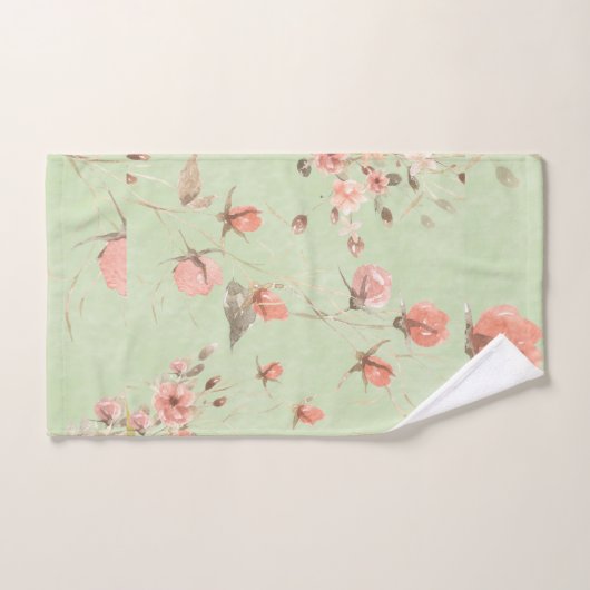Roze pastelbloemen op zachte salie groene achtergr bad handdoek (Handdoek)