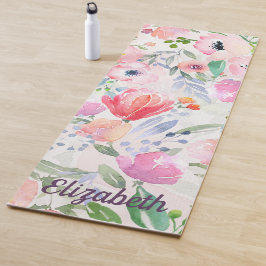 Roze pastelbloemen, waterkleurig met naam yogamat