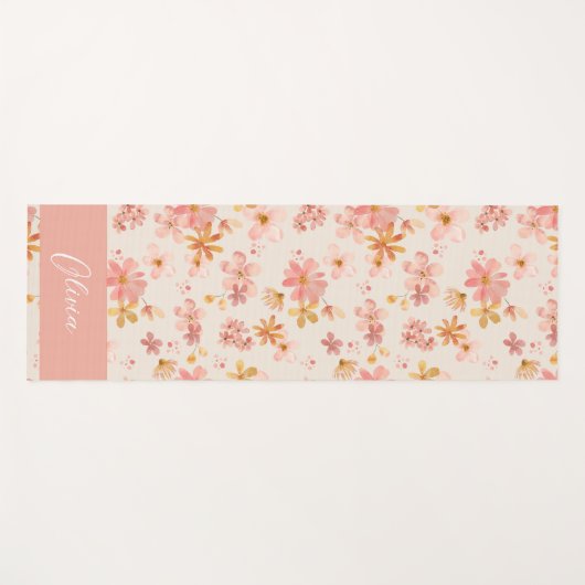 Roze pastelbloemen waterverf Monogram Naam Yogamat (Voorkant (horizontaal))