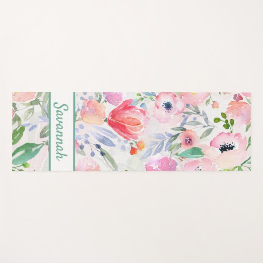 Roze pastelfloralen roos goudwitte monogram yogamat (Voorkant (horizontaal))