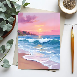 Roze pastelhemels   Oceaan waterverf strandgolven Briefkaart