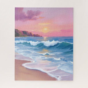 Roze pastelhemels   Oceaan waterverf strandgolven Legpuzzel