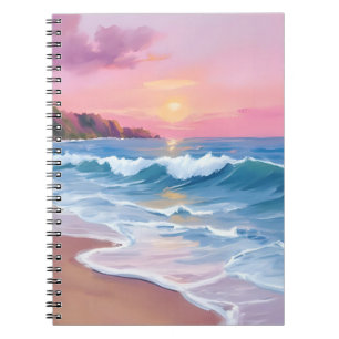 Roze Pastelhemels Oceaan Waterverf Strandgolven Notitieboek