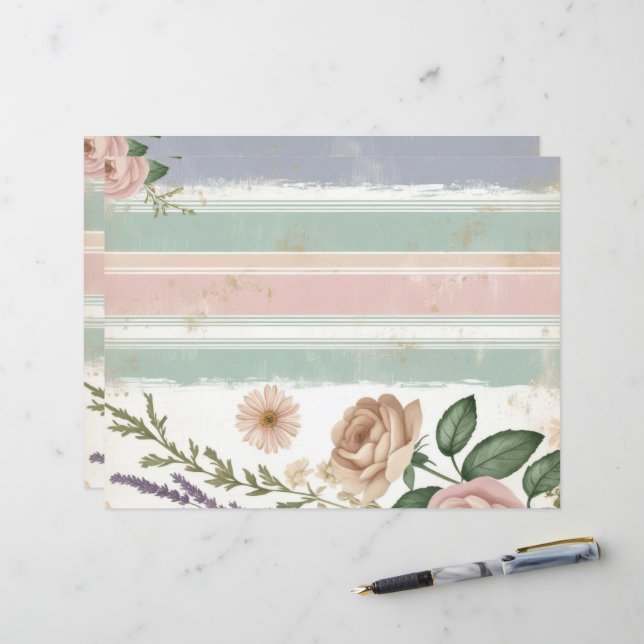 Roze Pastelkleurige Bloem Streep Scrapbook Papier  (Voorkant / Achterkant in situ)