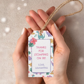 Roze & Pastelkleurige Dinosaurus Verjaardagscadeau Cadeaulabel