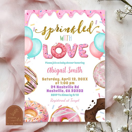 Roze Pastelkleurige Donuts Baby Sprinkle Uitnodigi Kaart