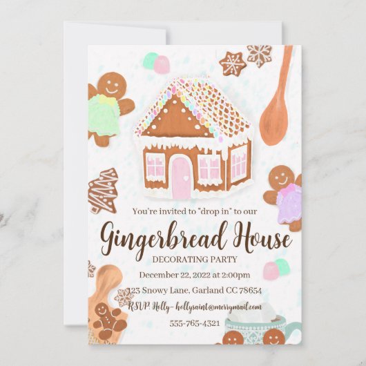 Roze Pastelkleurige Gemberkoekhuis Feest Uitnodigi Kaart (Voorkant)