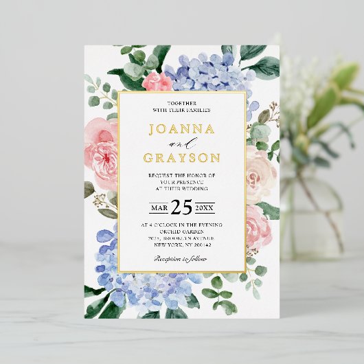 Roze pastelroze bruine hydrangeas folie uitnodiging (Staand Voorkant)