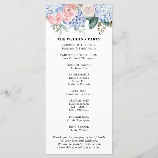 Roze pastelroze bruine hydrangeas programmakaart (Achterkant)