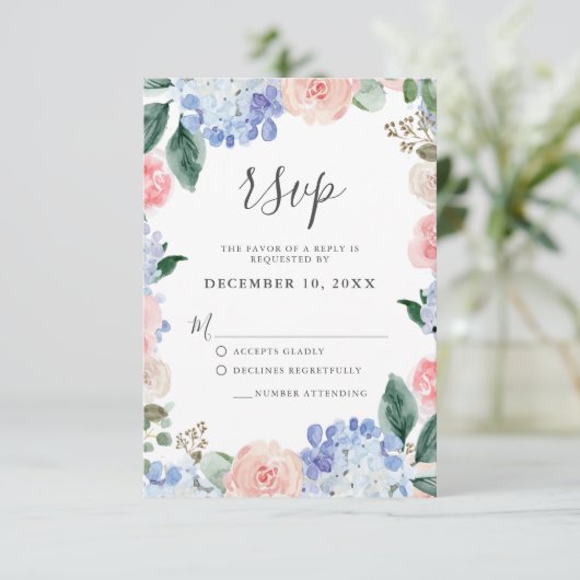 Roze pastelroze bruine hydrangeas RSVP kaartje (Staand voorkant)