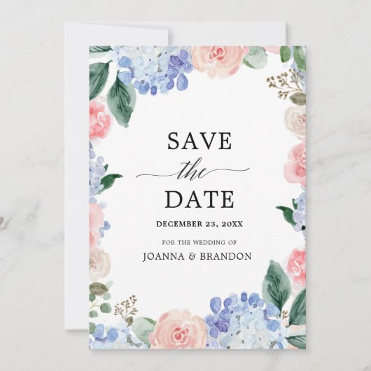 Roze pastelroze bruine hydrangeas save the date (Voorkant)