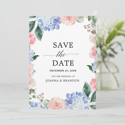 Roze pastelroze bruine hydrangeas save the date (Staand voorkant)