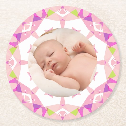  Roze Pastels Custom Afbeelding Meisje Verjaardag Ronde Kartonnen Onderzetter (Voorkant)