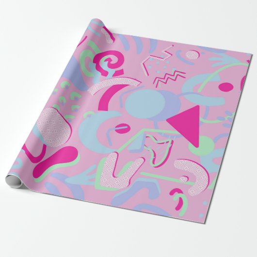 Roze Pastels Retro Abstract Doodle Wrapping Papier (Uitgerold)