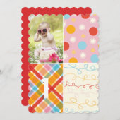 Roze Patchwork Dot Pattern Girl Foto 1e verjaardag Kaart (Voorkant / Achterkant)