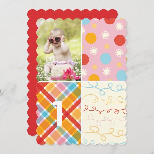 Roze Patchwork Dot Pattern Girl Foto 1e verjaardag Kaart (Voorkant / Achterkant)