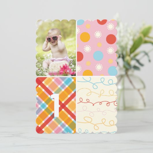 Roze Patchwork Dot Pattern Girl Foto 1e verjaardag Kaart (Staand voorkant)