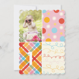 Roze Patchwork Dot Pattern Girl Foto 1e verjaardag Kaart