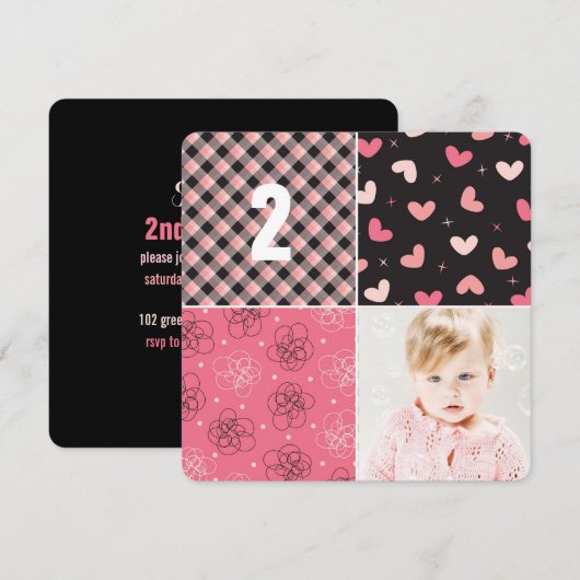 Roze Patchwork Pattern Squares Girl Foto van Birth Kaart (Voorkant / Achterkant)