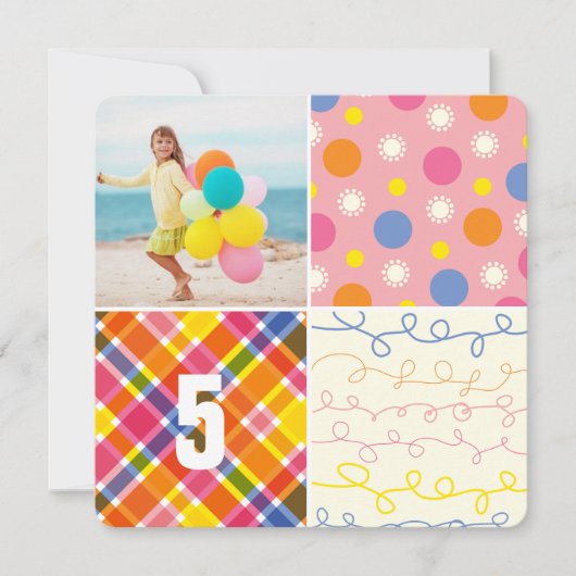 Roze Patchwork Pattern Squares Girl Foto van Birth Kaart (Voorkant)