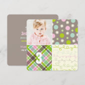 Roze Patchwork Pattern Squares Girl Foto van Birth Kaart (Voorkant / Achterkant)