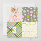 Roze Patchwork Pattern Squares Girl Foto van Birth Kaart (Voorkant)