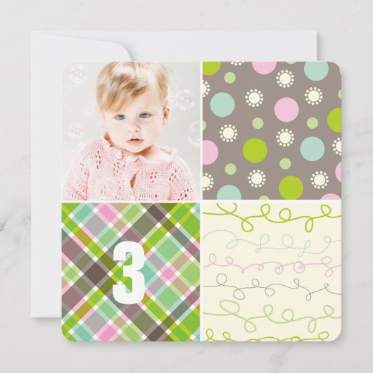 Roze Patchwork Pattern Squares Girl Foto van Birth Kaart (Voorkant)