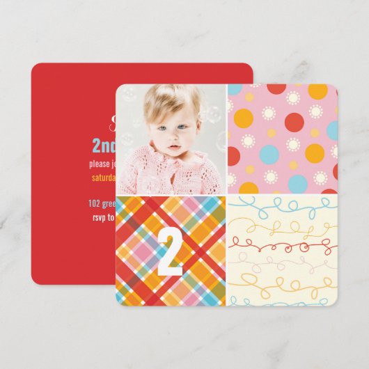 Roze Patchwork Pattern Squares Girl Foto van Birth Kaart (Voorkant / Achterkant)