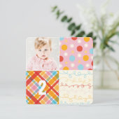 Roze Patchwork Pattern Squares Girl Foto van Birth Kaart (Staand voorkant)
