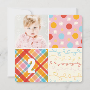 Roze Patchwork Pattern Squares Girl Foto van Birth Kaart